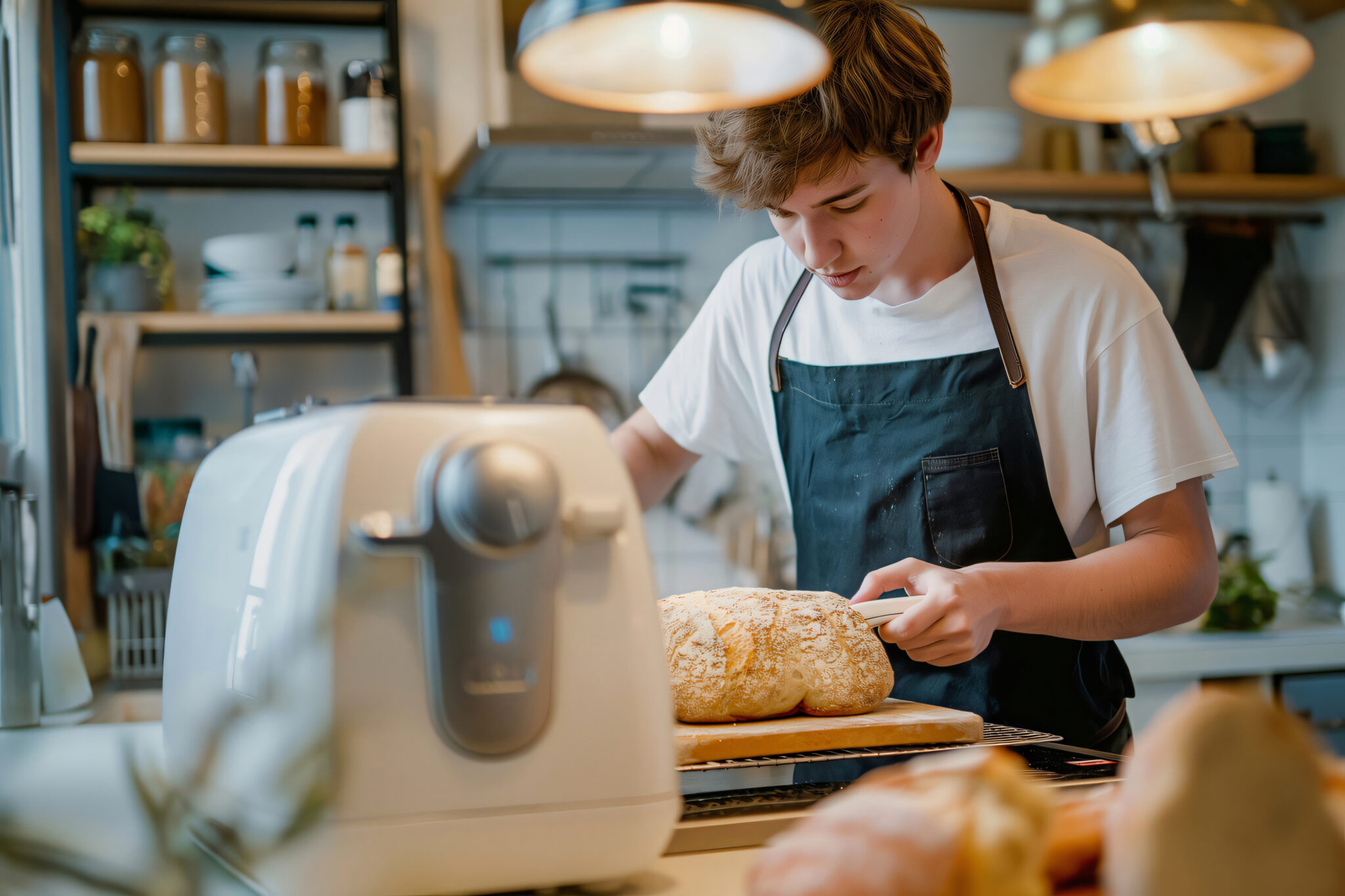 Baker is using a thermometer to check the temperature of a loaf of bread he just baked in a bread machine
